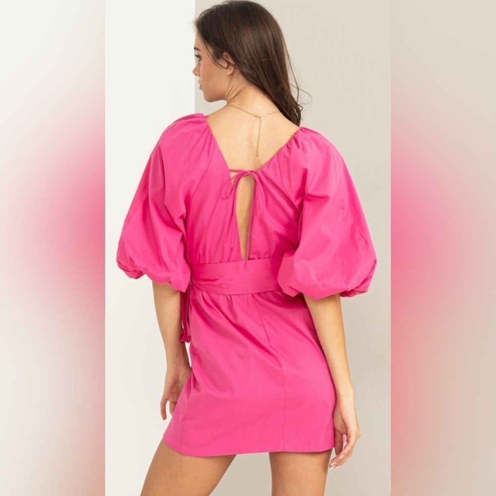 Pink Puff Sleeve with Tie Belt Mini Dress Size Large - Picture 4 of 14